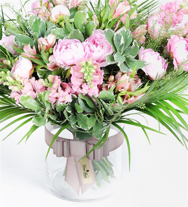 Pink Flower Arrangement in a Glass Vase with Peonies, Astomeria, and Snapdragons