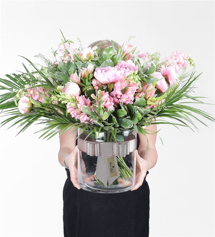 Pink Flower Arrangement in a Glass Vase with Peonies, Astomeria, and Snapdragons