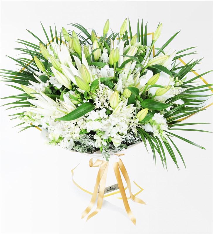 White Lily Engagement Flower Bouquet - Plexiglass Gold Personalized