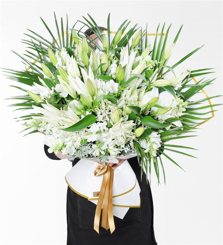 White Lily Engagement Flower Bouquet - Plexiglass Gold Personalized
