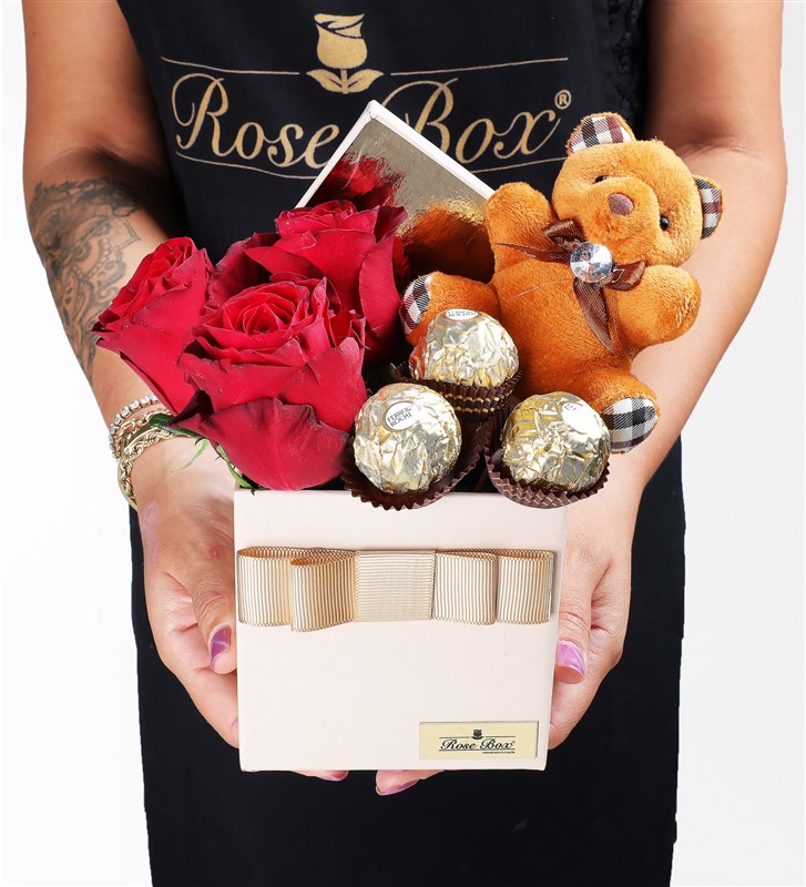 Beige Box, 3 Red Roses, Teddy Bear, Rocher Chocolate Set