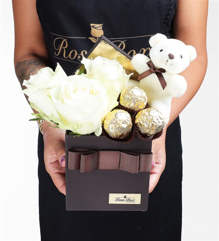Coffee in a Box, 3 White Roses, Teddy Bear, Rocher Chocolate Set