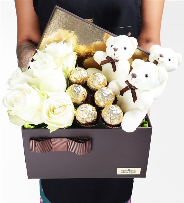 XL Coffee in a Box, 7-8 White Roses, 3 Teddy Bears, Rocher Chocolate Set
