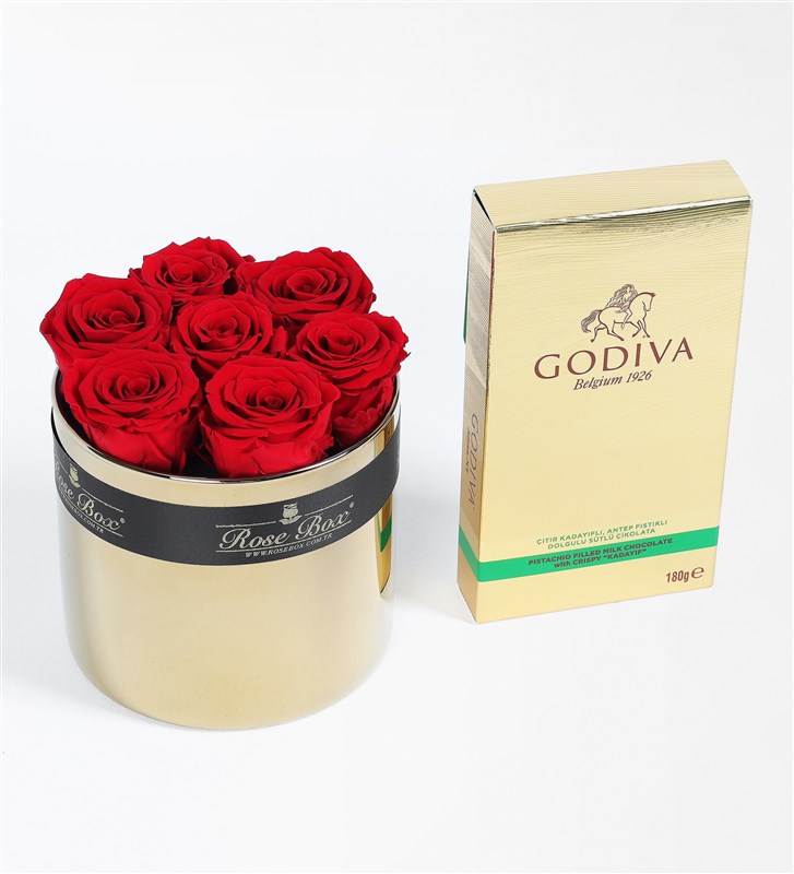 RoseBox Gold Camda Kırmızı Solmayan Güller X Godiva Çıdır Kadayıflı, Dolgulu Antep Fıstıklı Çikolata Hediye Seti