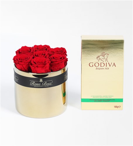 RoseBox Gold Camda Kırmızı Solmayan Güller X Godiva Çıdır Kadayıflı, Dolgulu Antep Fıstıklı Çikolata Hediye Seti