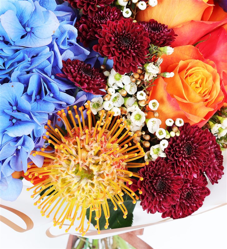 Wild Bloom Bouquet - Blue Hydrangea, Lecuspermum, Orange Ecuadorian Roses, Galaxy Tulip and Prupetta Red Santini