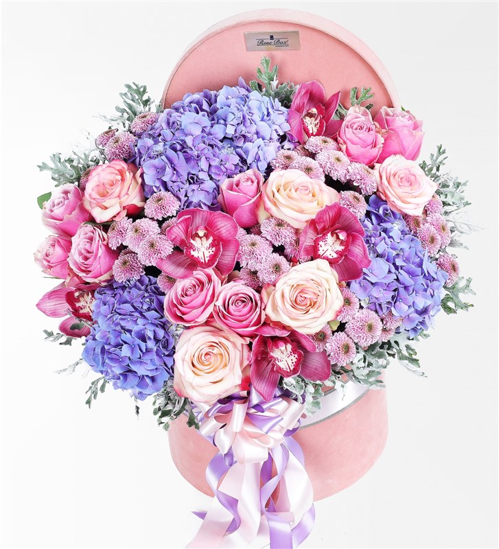 Pinky Grande In Box - Hydrangeas, Roses and Cymbidium Orchids in a Pink Velvet Box