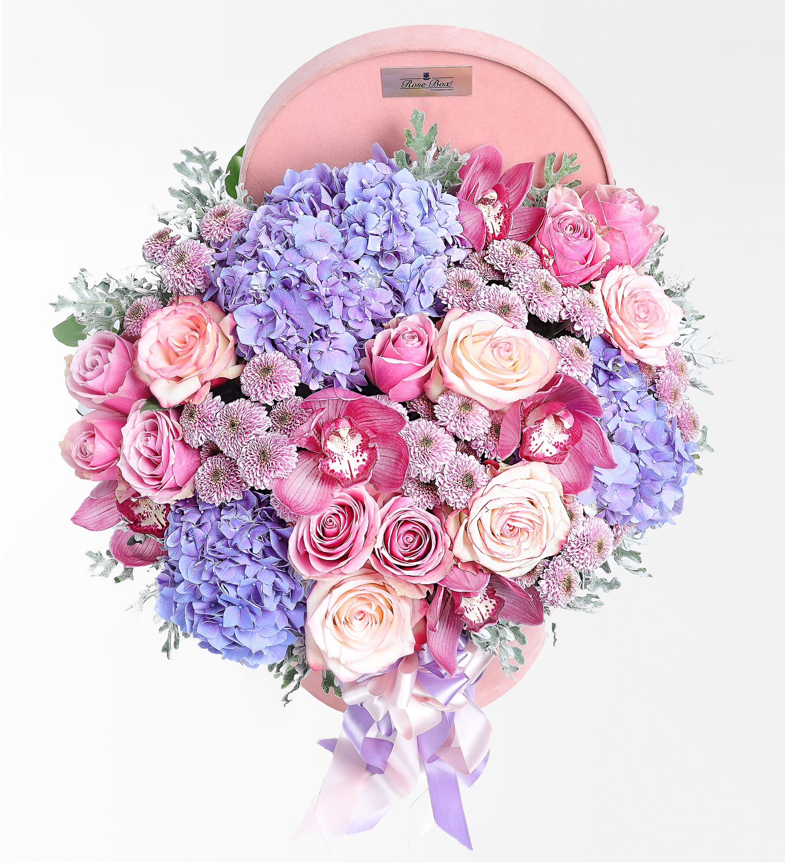 Pinky Grande In Box - Pembe Kadife Kutuda Ortanca, Güller ve Cymbidium Orkideler