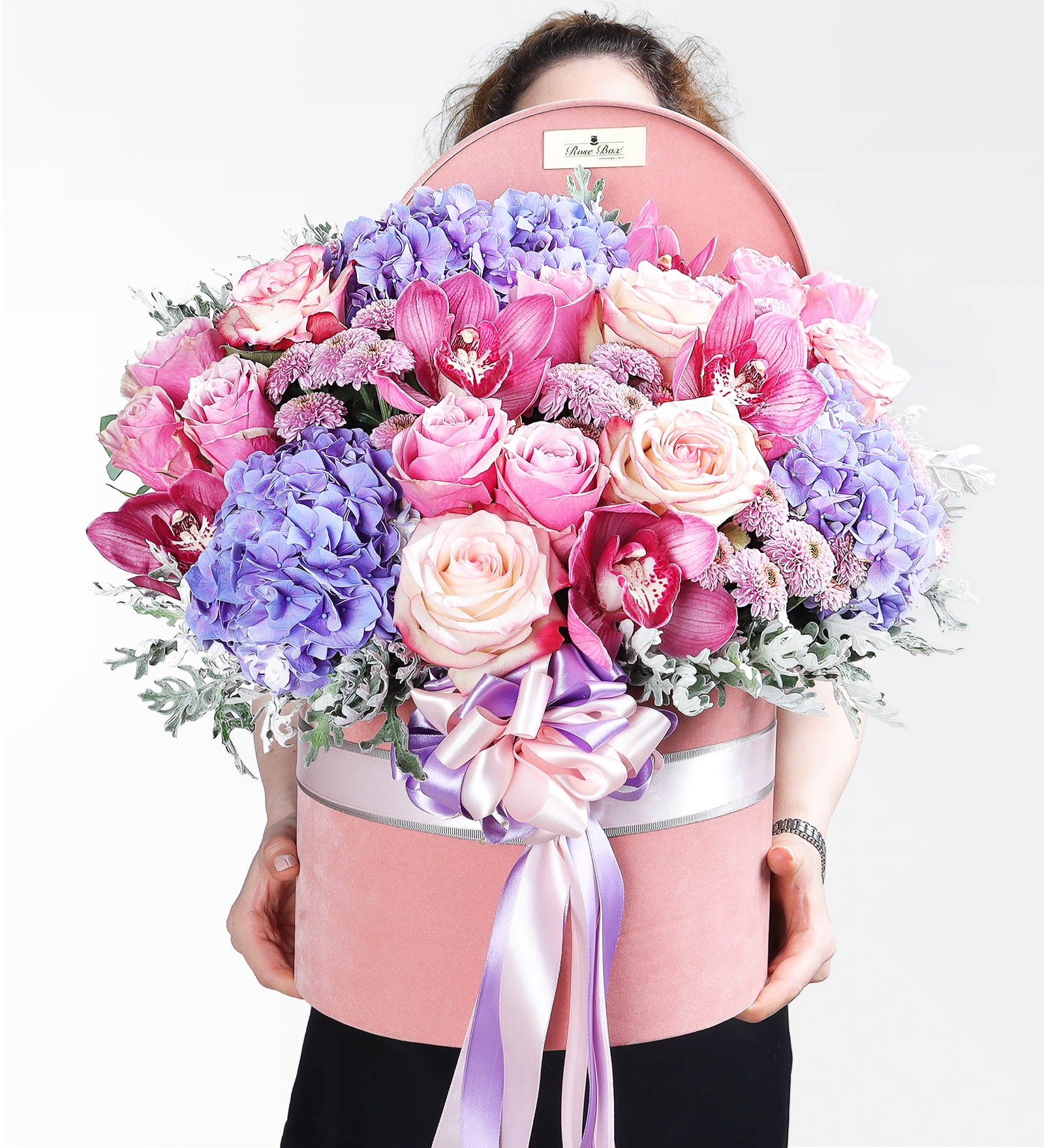 Pinky Grande In Box - Pembe Kadife Kutuda Ortanca, Güller ve Cymbidium Orkideler