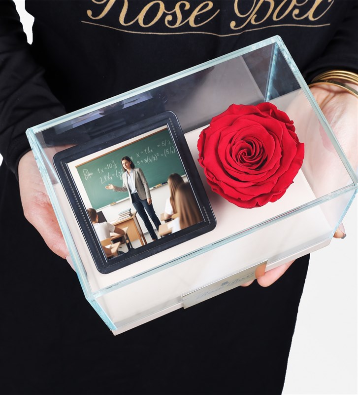 Teacher's Day: Personalized Glass Box with Photo, 1 Red Everlasting Rose