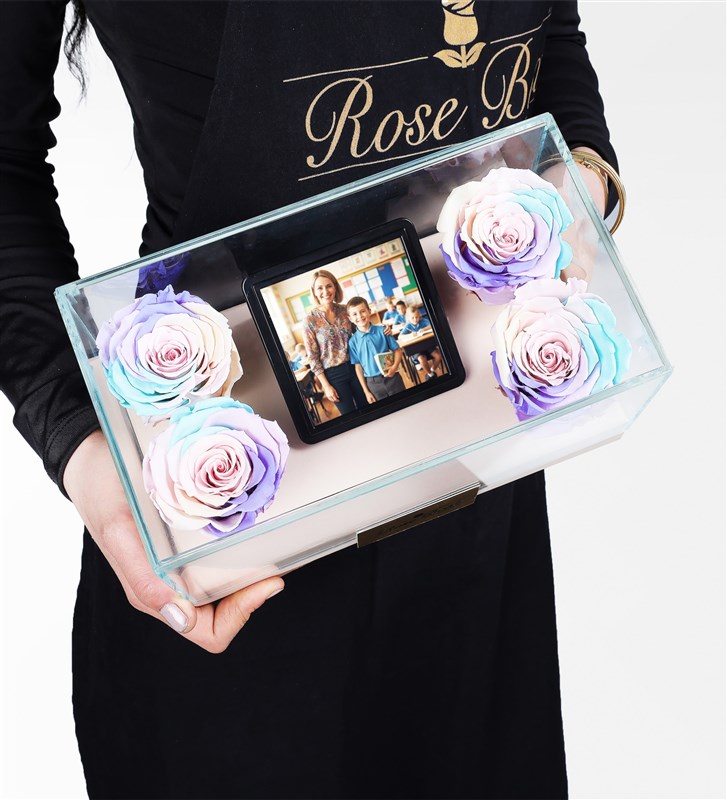 Teacher's Day Personalized Glass Box with Photo: 4 Powder Rainbow Everlasting Roses