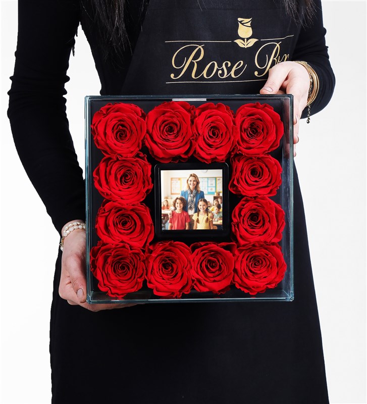 Teacher's Day Photo Box with 12 Red Everlasting Roses