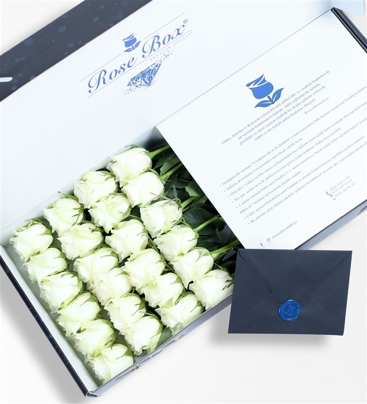 24 White Roses in a Sapphire Box