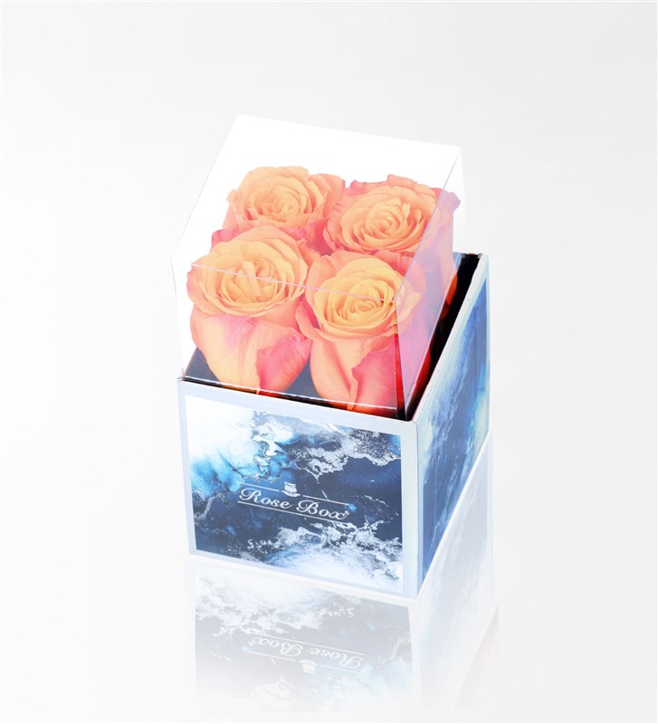 Aquamarine Mini Box with 4 Orange Roses
