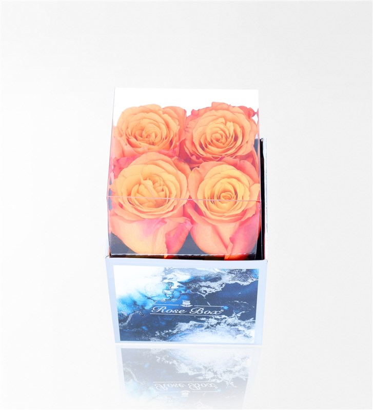 Aquamarine Mini Box with 4 Orange Roses