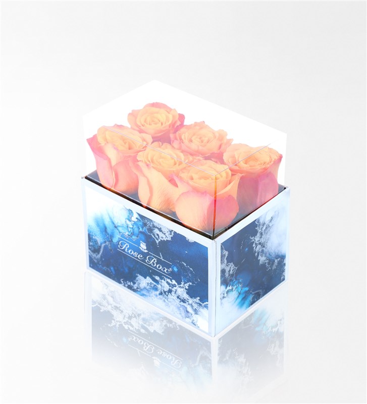 Aquamarine Midi Box with 6 Orange Roses