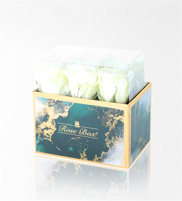 Emerald Midi Box with 6 White Roses