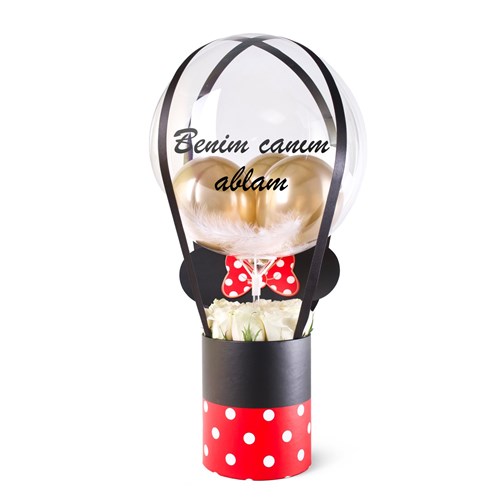 Kırmızı Minnie Kutuda Beyaz Güllü Balon Kutusu