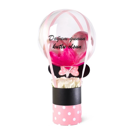Pembe Minnie Kutuda Beyaz Güllü Balon Kutusu
