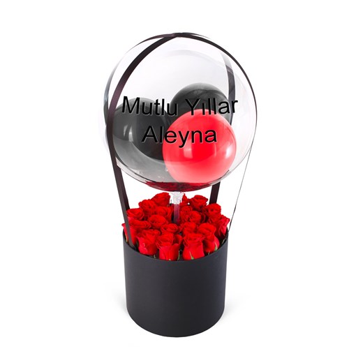 Yuvarlak Büyük Siyah Kutuda Kırmızı Güllü Balon Kutusu