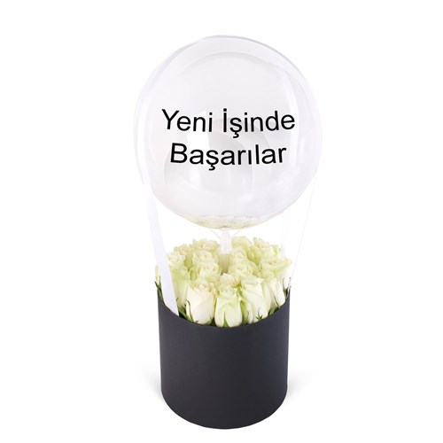 Yuvarlak Büyük Siyah Kutuda Beyaz Güllü Balon Kutusu