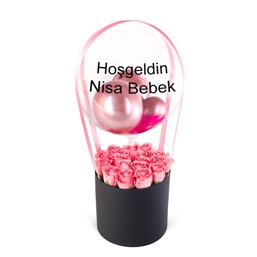 Yuvarlak Büyük Siyah Kutuda Pembe Güllü Balon Kutusu