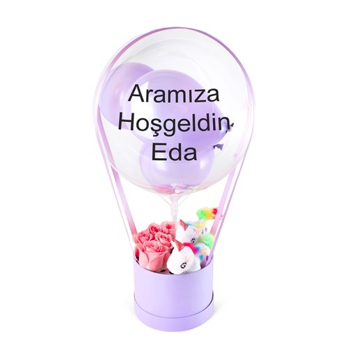 Lila Kutuda Unicornlu Pembe Güllü Balon Kutusu