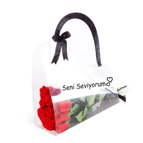 Asetatlı Kalpli Çantada Kırmızı Güller