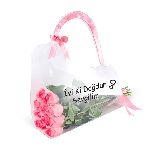 Asetatlı Kalpli Çantada Pembe Güller