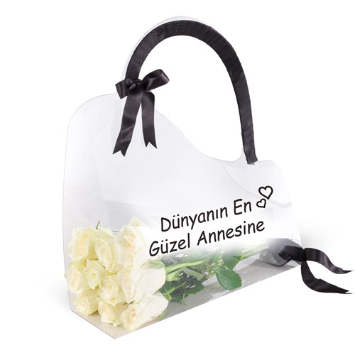 Asetatlı Kalpli Çantada Beyaz Güller