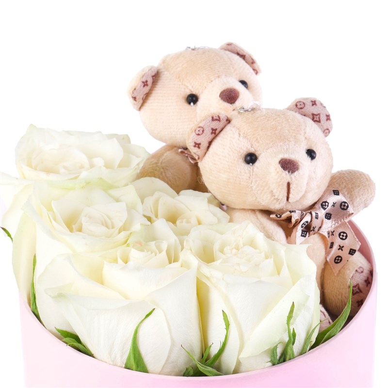 White Roses with Teddy Bear in a Round Pink Box with Macarons