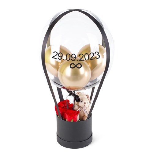 Kırmızı Güllü Ve Ayıcıklı Siyah Balon Kutusu