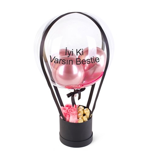 Pembe Güllü Ve Çikolatalı Siyah Balon Kutusu