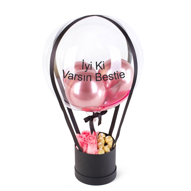 Pembe Güllü Ve Çikolatalı Siyah Balon Kutusu
