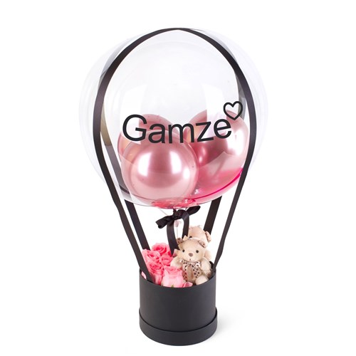 Pembe Güllü Ve Ayıcıklı Siyah Balon Kutusu