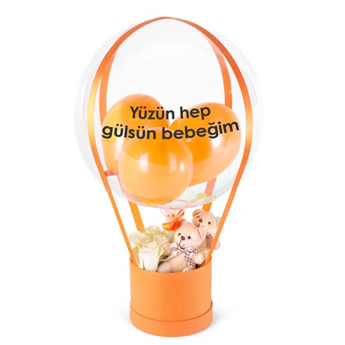 Ayıcıklı Beyaz Güllü Turuncu Balon Kutusu