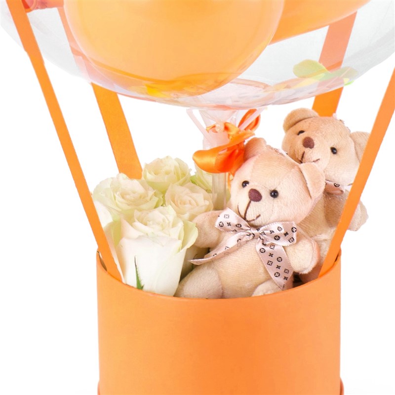 Ayıcıklı Beyaz Güllü Turuncu Balon Kutusu