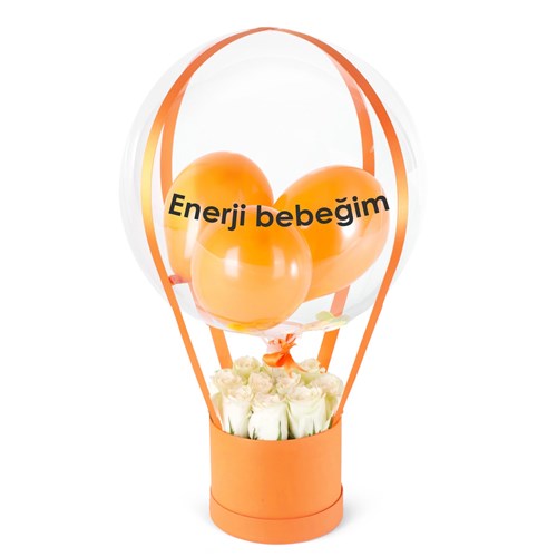 Beyaz Güllü Turuncu Balon Kutusu