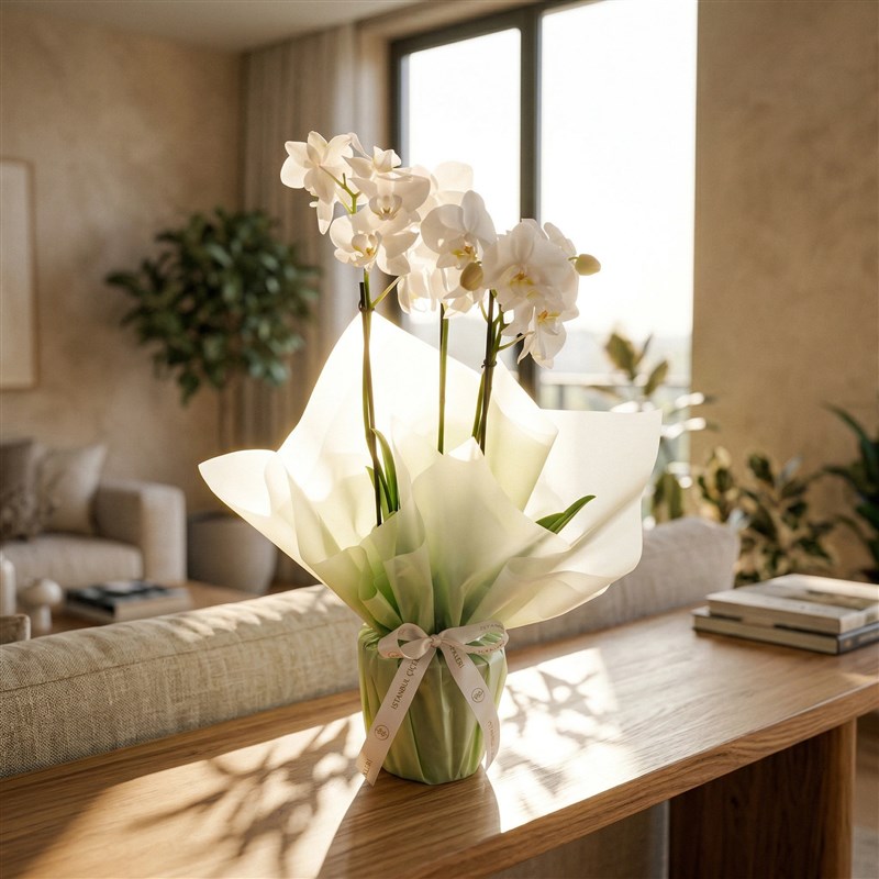 3 Dal Beyaz Orkide Aranjmanı Multi Midi Yeşil