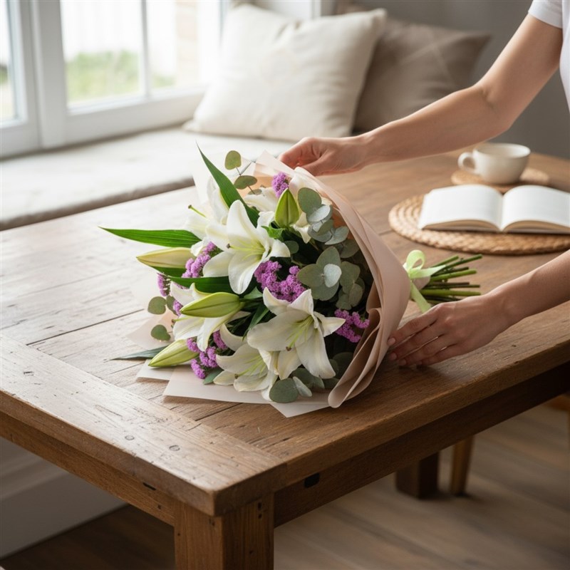 XL Beyaz Lilyum Buketi Pembe