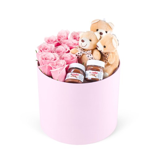 Yuvarlak Büyük Pembe Kutuda Nutella ve Ayıcıklı Pembe Gül
