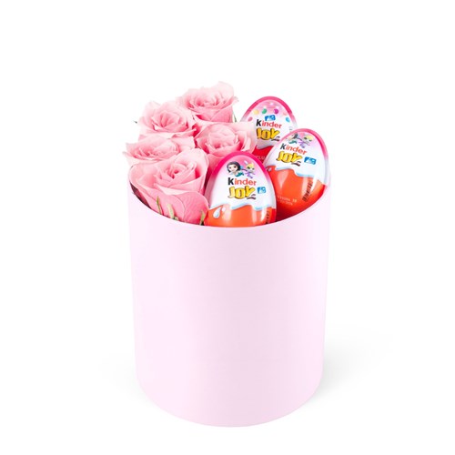 Yuvarlak Pembe Kutuda Kinder Joy'lu Pembe Gül