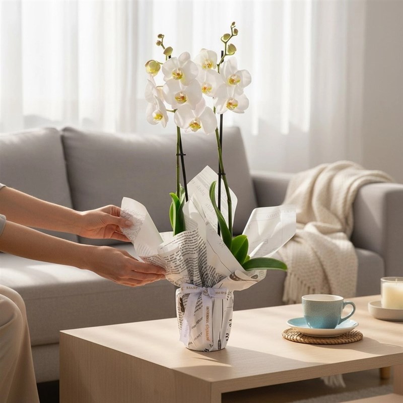 Beyaz Orkide Aranjmanı Çift Dal Story White