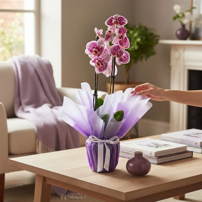 Beyaz Benekli Orkide Aranjmanı Çift Dal