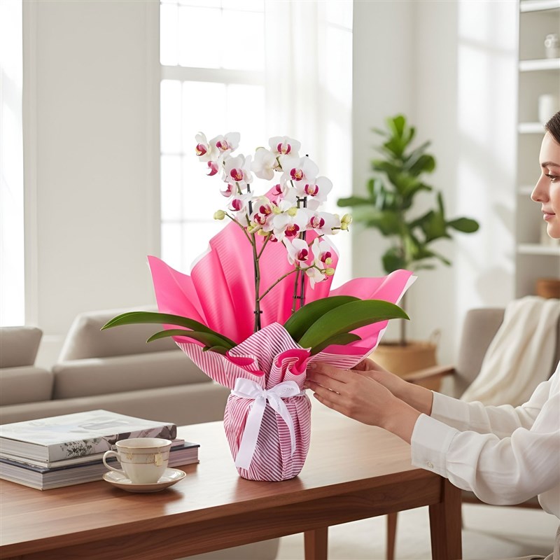 Beyaz Fuşya Orkide Aranjmanı Çift Dal