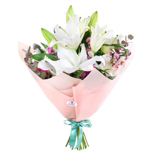 XL Beyaz Lilyum Buketi Pembe