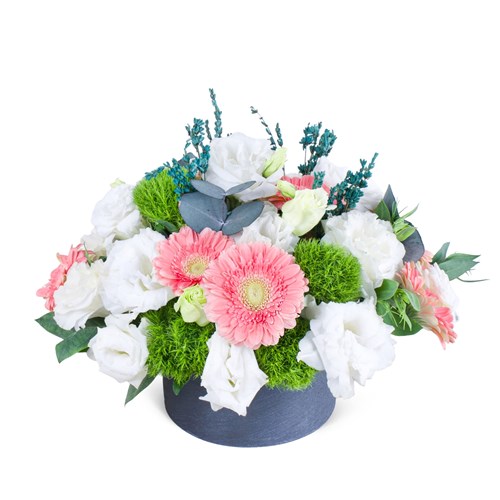 Pembe Gerbera ve Beyaz Lisyantus Aranjmanı