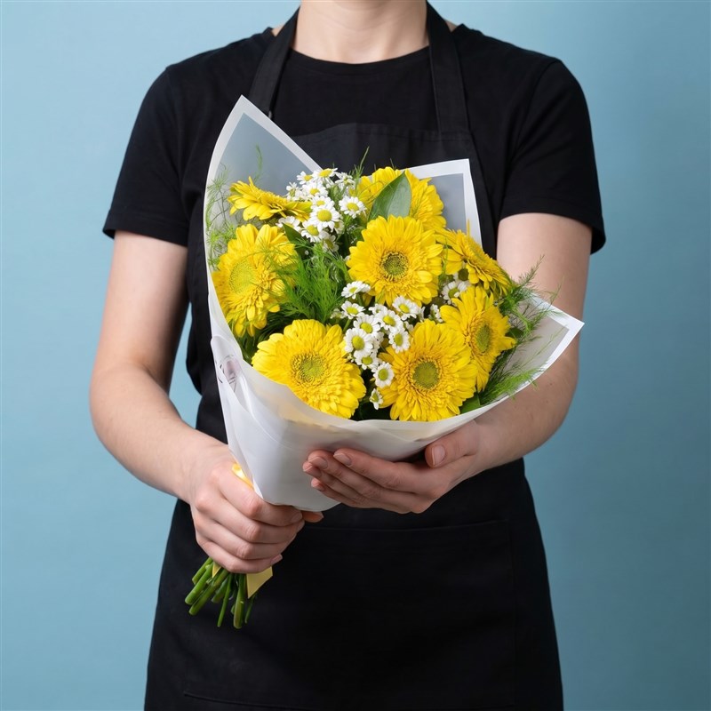 Beyaz Papatya ve Sarı Gerbera Buketi - Riva Yellow