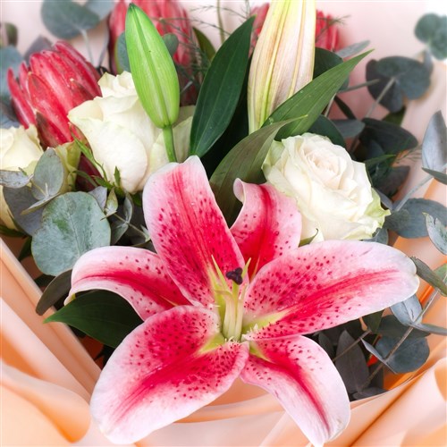 Pembe Lilyum ve Beyaz Gül Buketi Cape Pink