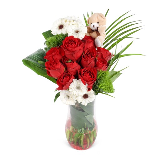Kırmızı Gül ve Beyaz Gerbera - Beyaz Rüya Kırmızı Aşk